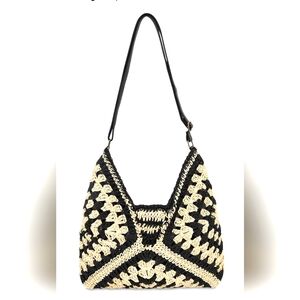 Black and Cream Crochet Straw Boho Chic Hobo Shoulder Bag